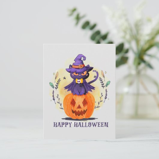 Happy Halloween - Heks Zwart Kat Briefkaart (Staand voorkant)