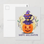 Happy Halloween - Heks Zwart Kat Briefkaart (Voorkant / Achterkant)
