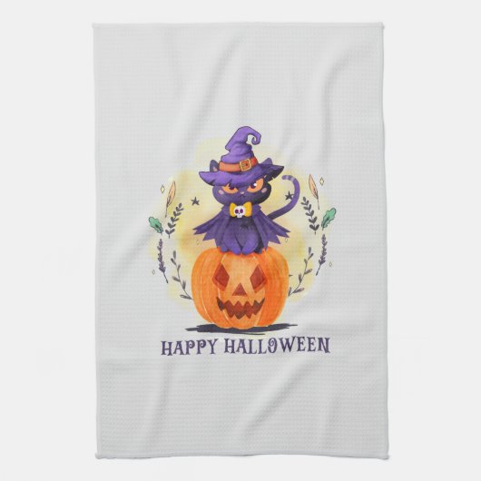 Happy Halloween - Heks Zwart Kat Theedoek (Verticaal)