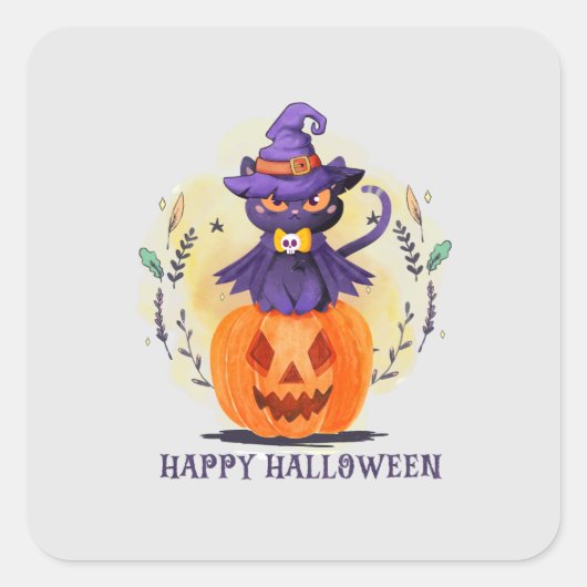 Happy Halloween - Heks Zwart Kat Vierkante Sticker (Voorkant)