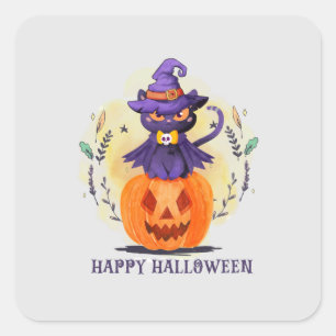 Happy Halloween - Heks Zwart Kat Vierkante Sticker