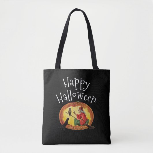 Happy Halloween, Heks, Zwarte Kat en Uil Tote Bag (Voorkant)