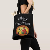 Happy Halloween, Heks, Zwarte Kat en Uil Tote Bag (Dichtbij)