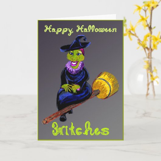 Happy Halloween heksen op bezemsteel Kaart (Gele Bloem)