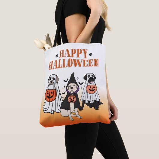 Happy Halloween Hondenspook Sinaasappel & Wit Tote Bag (Dichtbij)
