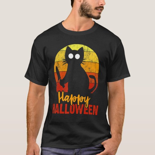 Happy Halloween Horror Black Cat met doodsangst T-shirt (Voorkant)