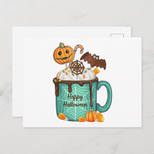 Happy Halloween Hot Chocolate Mok en Snoep Feestdagenkaart (Voorkant / Achterkant)