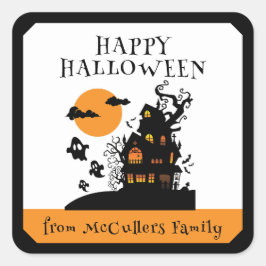 Happy Halloween Hunted House Custom Name Vierkante Sticker