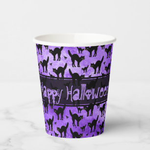 Happy Halloween Iconic Black Cat Silhouette Paars Papieren Bekers