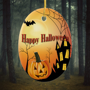 Happy Halloween Jack O' Lantern en Haunted House Keramisch Ornament