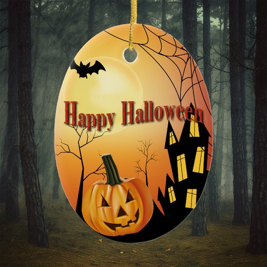Happy Halloween Jack O' Lantern en Haunted House Keramisch Ornament