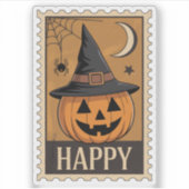 "Happy Halloween" Jack-o'-Lantern Heksenhoed Stemp Sticker (Voorkant)