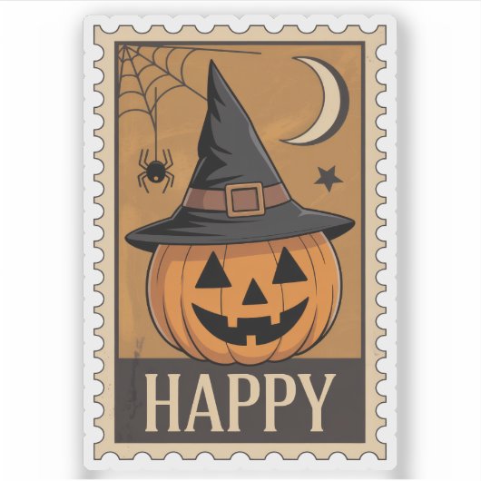 Happy Halloween" Jack-o'-Lantern Witch Hat Stamp Sticker (Voorkant)
