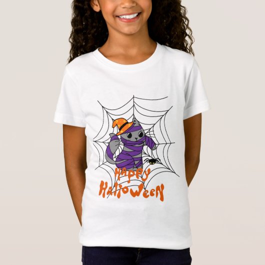 Happy Halloween-Kat in Spider Web Kinder T-Shirt (Voorkant)