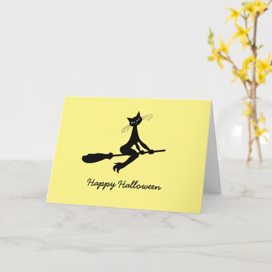 Happy Halloween, kat op broomstick Kaart (Gele Bloem)