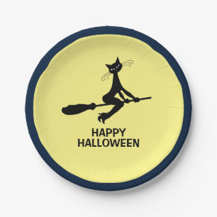 Happy Halloween, kat op broomstick Papieren Bordje