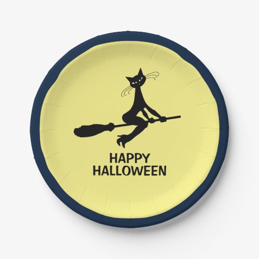 Happy Halloween, kat op broomstick Papieren Bordje (Voorkant)