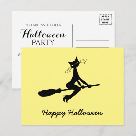 Happy Halloween, Katte op Broomstick nodiging Uitnodiging Briefkaart (Voorkant / Achterkant)