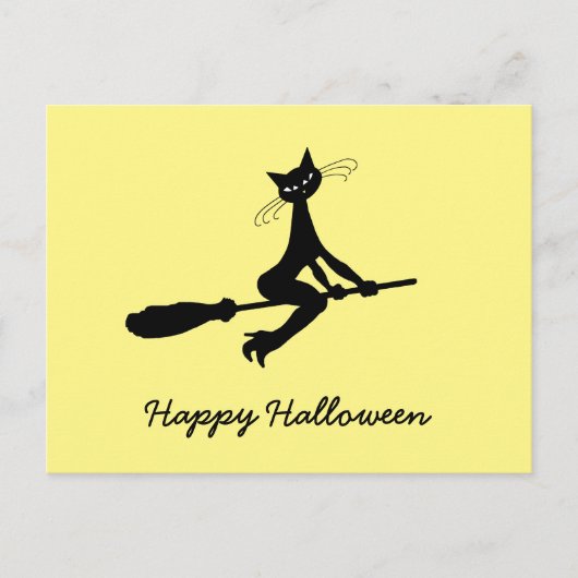 Happy Halloween, Katte op Broomstick nodiging Uitnodiging Briefkaart (Voorkant)