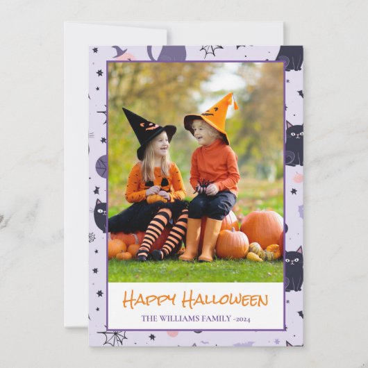 Happy Halloween katten paarse Foto Vakantie Kaart (Voorkant)