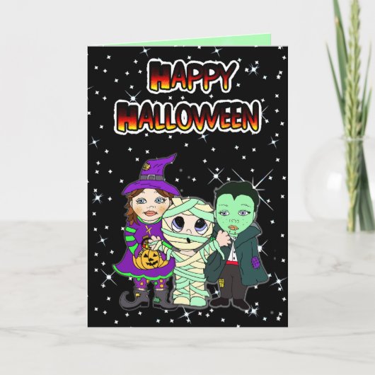 Happy Halloween Kind Witch, Mummy en Vampire Kaart (Voorkant)
