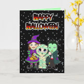 Happy Halloween Kind Witch, Mummy en Vampire Kaart (Gele Bloem)