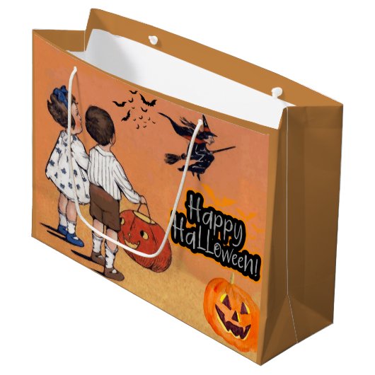 Happy Halloween  kinderen, heks, pompoenen Groot Cadeauzakje (Voorkant Gekanteld)