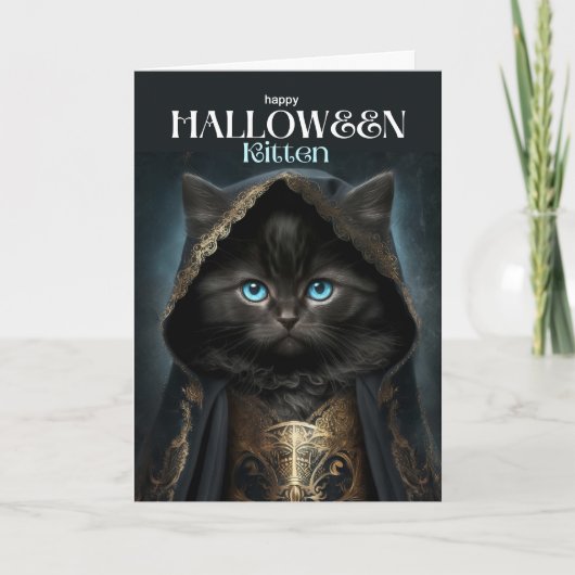 Happy Halloween Kitten Schattige Black Cat Witch C Feestdagen Kaart (Voorkant)