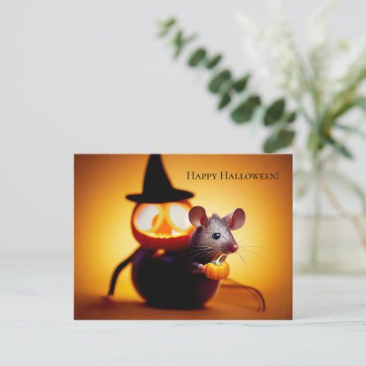 Happy Halloween. Kleine  niedliche Maus mit Kürbis Briefkaart (Staand voorkant)