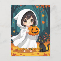 Happy Halloween Little Girl Ghost en Zwarte kat