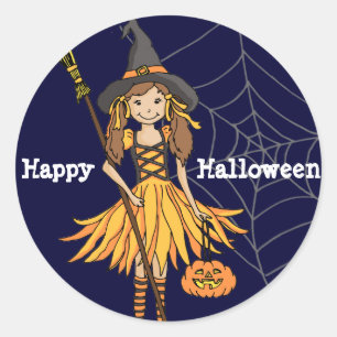 Happy Halloween-meisjes schattige heks-stickers Ronde Sticker