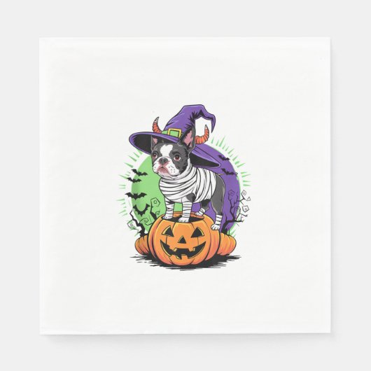 Happy Halloween met Boston Terrier Mummy & Witch Servet (Voorkant)