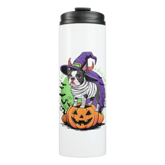 Happy Halloween met Boston Terrier Mummy & Witch Thermosbeker (Voorkant)