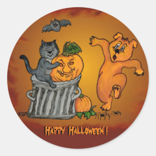 Happy Halloween met Cat Bat Dog en Spider Ronde Sticker