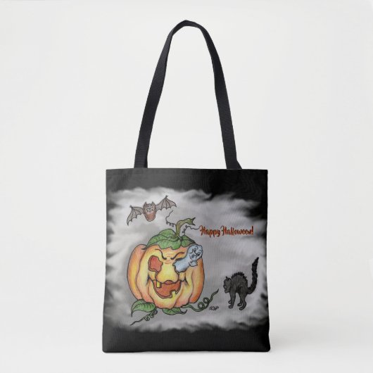 Happy Halloween met Ghost Cat Bat Pumpkin Tote Bag (Voorkant)