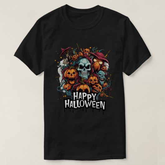 Happy Halloween met schedels, pompoenen en monster T-shirt (Design voorkant)