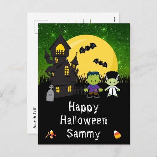 Happy Halloween Monsters Green Feestdagenkaart (Voorkant / Achterkant)