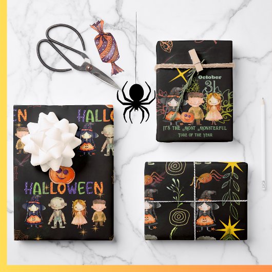 Happy Halloween Monsters Patroon Wrapping Inpakpapier Vel