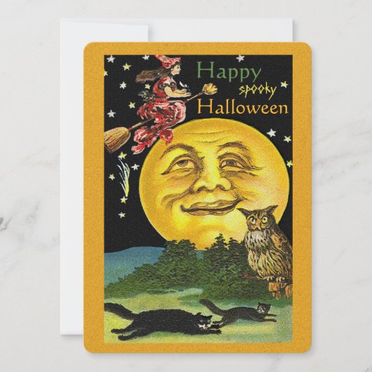 Happy Halloween Moon, heks, owl en katten Kaart (Voorkant)