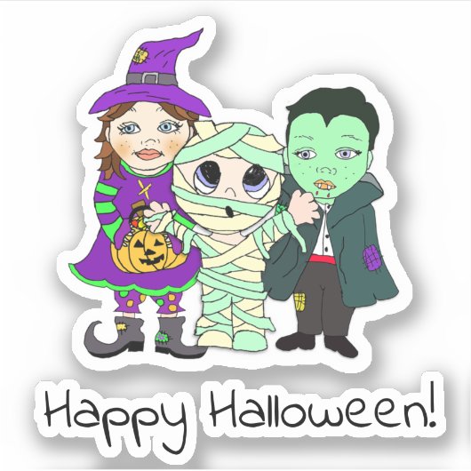 Happy Halloween, Mummy, Vampire en Witch Kinder Sticker (Voorkant)