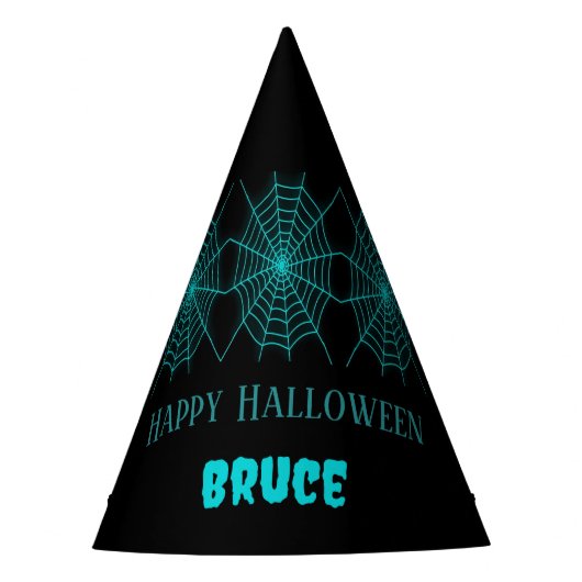 Happy Halloween neon blauw spinnenweb zwart Feesthoedjes (Voorkant)
