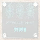 Happy Halloween neon blauw spinnenweb zwart Glazen Onderzetter (Achterkant)