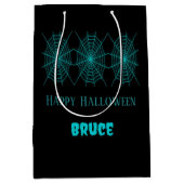 Happy Halloween neon blauw spinnenweb zwart Medium Cadeauzakje (Voorkant)