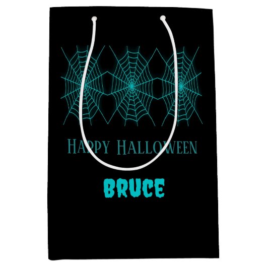 Happy Halloween neon blauw spinnenweb zwart Medium Cadeauzakje (Voorkant)