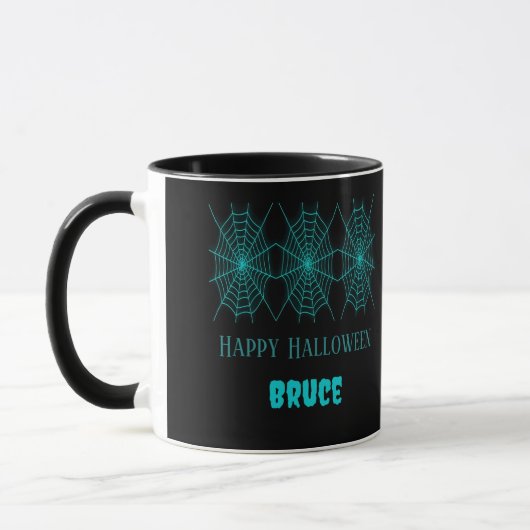 Happy Halloween neon blauw spinnenweb zwart Mok (Links)