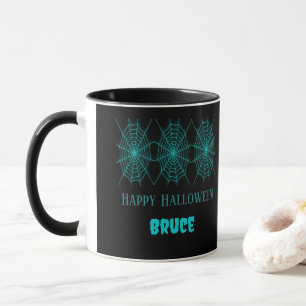 Happy Halloween neon blauw spinnenweb zwart Mok