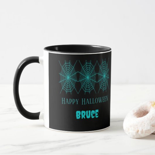 Happy Halloween neon blauw spinnenweb zwart Mok (Met donut)