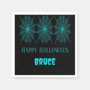 Happy Halloween neon blauw spinnenweb zwart Servet