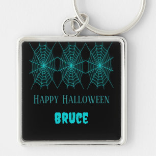 Happy Halloween neon blauw spinnenweb zwart Sleutelhanger
