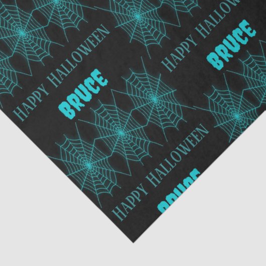 Happy Halloween neon blauw spinnenweb zwart Tissuepapier (Detail)